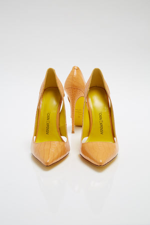 croco print orange pointed toe high heel pump yellow bottom with FE logo summer fckin expensiv