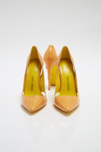croco print orange pointed toe high heel pump yellow bottom with FE logo summer fckin expensiv