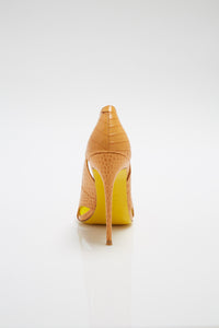 croco print orange pointed toe high heel pump yellow bottom with FE logo summer fckin expensiv