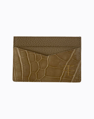 tan nude beige exotic crocodile print leather willy card holder wallet with gold FE logo fckin expensiv