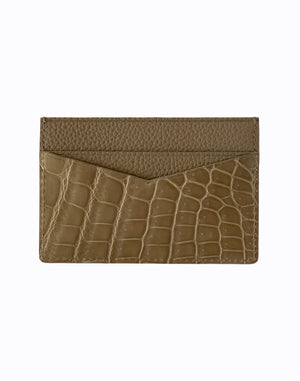 tan nude beige exotic crocodile print leather willy card holder wallet with gold FE logo fckin expensiv