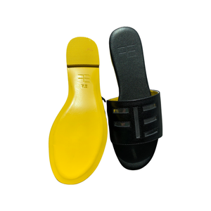 round toe black leather sandal yellow bottom with FE logo cut out summer slides fckin expensiv