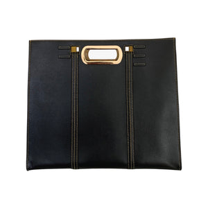 black leather square shopper hand bag large yellow leather interior with top handle and chain gold handle FE Fckin expensiv summer