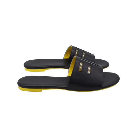 round toe black leather sandal yellow bottom with FE logo cut out summer slides fckin expensiv
