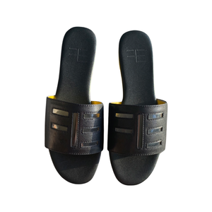 round toe black leather sandal yellow bottom with FE logo cut out summer slides fckin expensiv