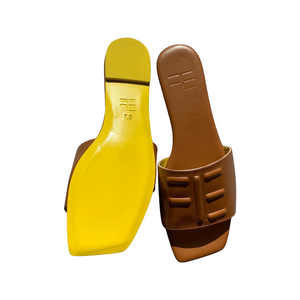 designer square  shape toe slide brown tan  leather sandal yellow bottom with FE logo summer slides fckin expensiv