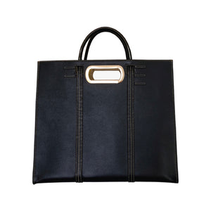 black leather square shopper hand bag large yellow leather interior with top handle and chain gold handle FE Fckin expensiv summer