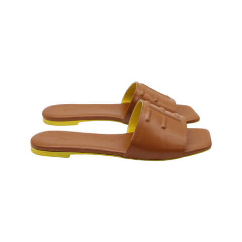 designer square  shape toe slide brown tan  leather sandal yellow bottom with FE logo summer slides fckin expensiv